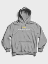 Load image into Gallery viewer, Grey unisex pull-over hoodie with &quot;mindfully made&quot; text printed in white under a gold logo leaf
