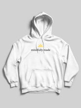 Load image into Gallery viewer, White unisex pull-over hoodie with &quot;mindfully made&quot; text printed in black under a gold logo leaf
